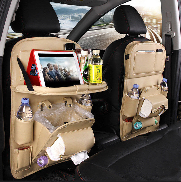 PU Leather Car Seat Back Organizer with Tray & Trash Pocket