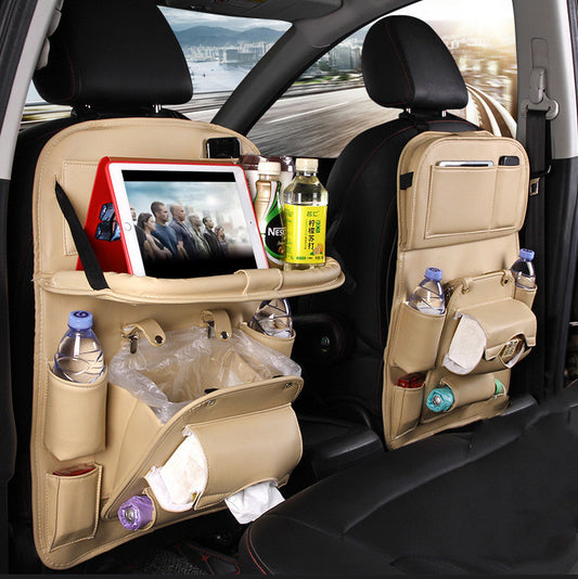 PU Leather Car Seat Back Organizer with Tray & Trash Pocket