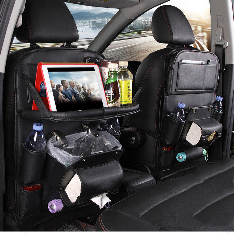 PU Leather Car Seat Back Organizer with Tray & Trash Pocket