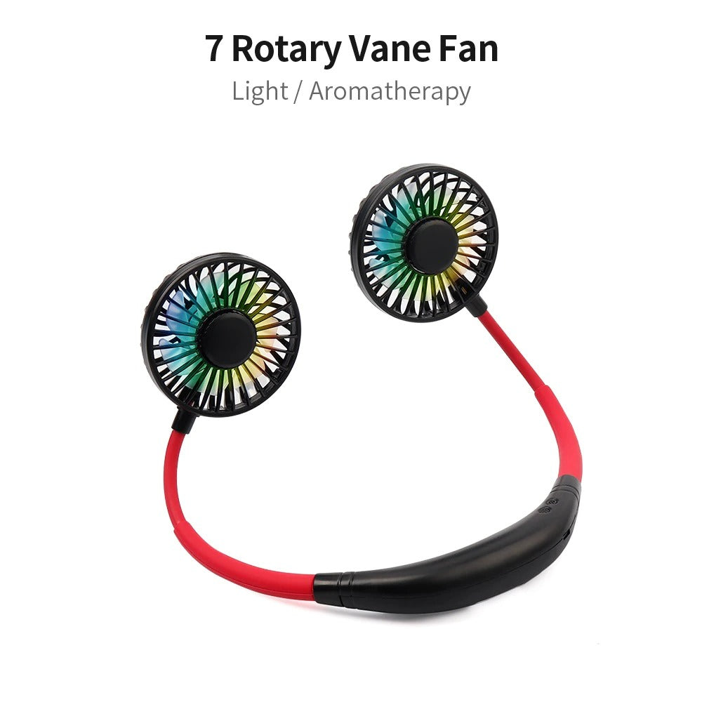 Dual-Head USB Rechargeable Neckband Fan – Hands-Free Portable Air Cooler