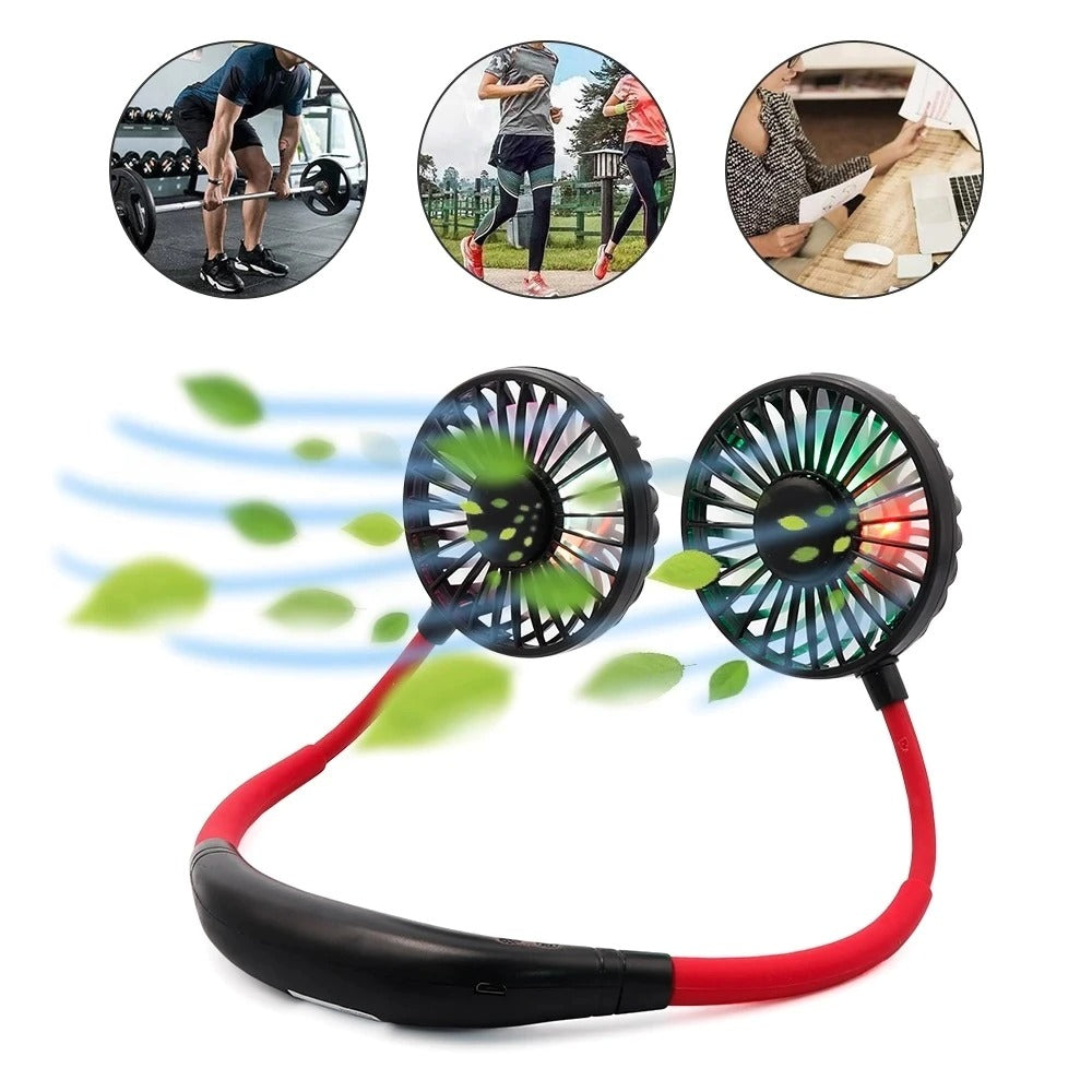 Dual-Head USB Rechargeable Neckband Fan – Hands-Free Portable Air Cooler