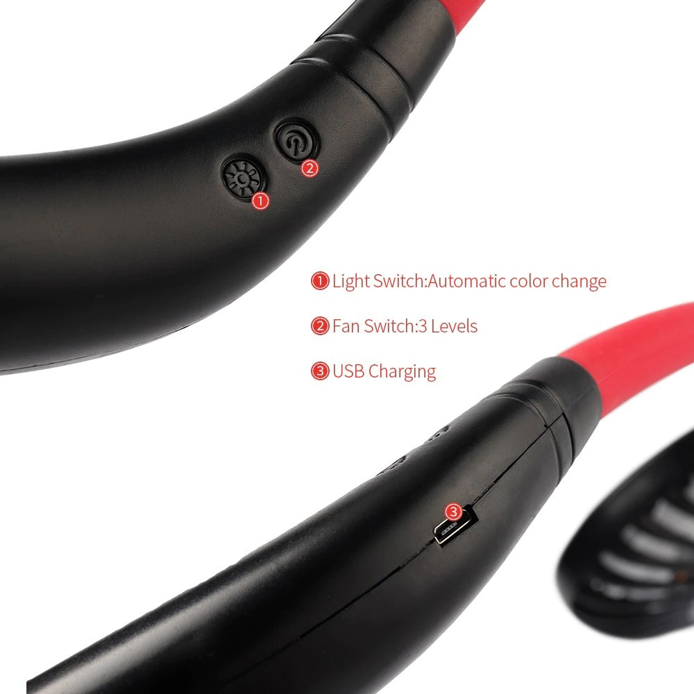 Dual-Head USB Rechargeable Neckband Fan – Hands-Free Portable Air Cooler